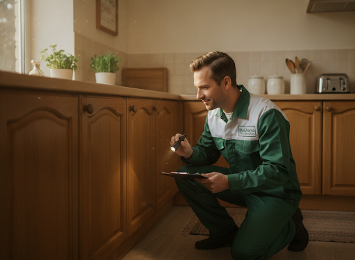 Professional pest control technician in a realistic, natural home setting